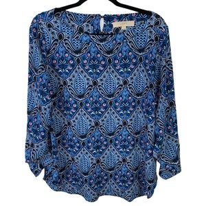 LOFT Tab Sleeve Blouse sz M - Blue Black White - Comfortable - Flowy